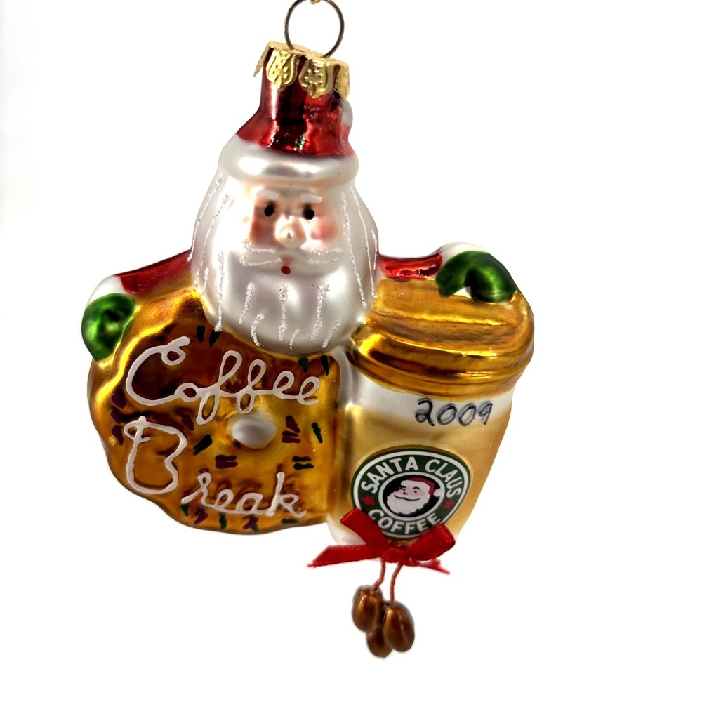 Old World Christmas COFFEE BREAK Glass Blown Ornament Santa w Doughnut